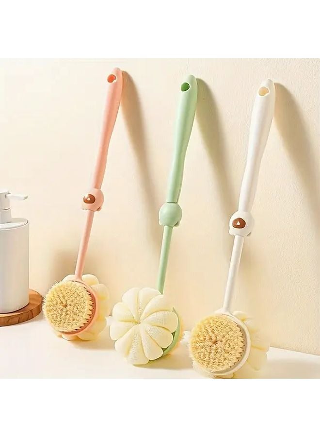 Pink Long Handle Shower Brush Loofah And Bristle Back Scrubber For Exfoliation And Massage Men Women - Image 1
